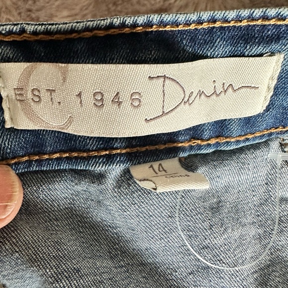 👖 C Denim Est. 1946 Flare Denim Skirt Size 14 Blue Stretch Midi Skirt - Picture 5 of 9